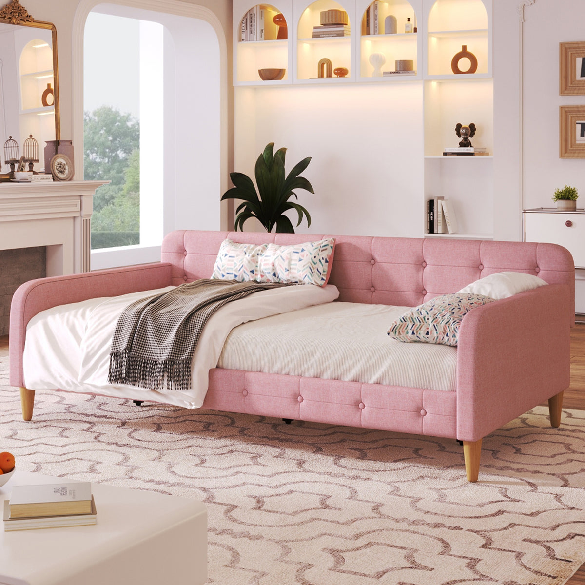 Twin Size Upholstered Daybed with 4 Support Legs, Rubine