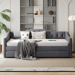 Twin Size Upholstered Daybed with Trundle and USB Charging Design, Sturdy Wood Slat Support, Wood Bed Frame for Bedroom/Guestroom/Dorm,Plush Velvet Fabric,Gray