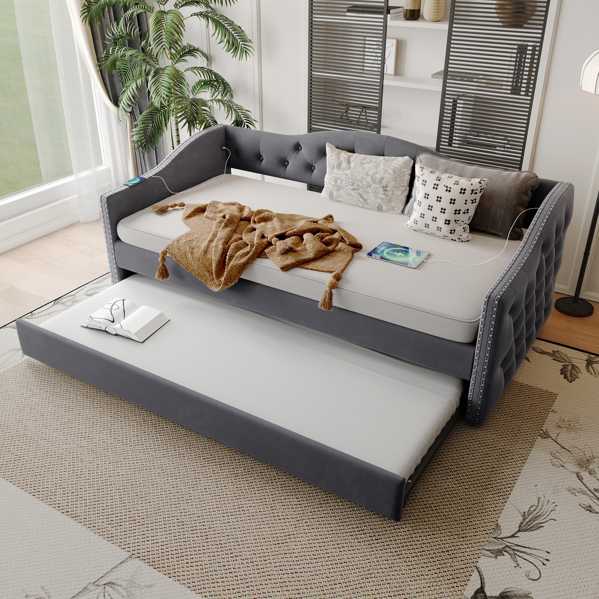 Twin Size Upholstered Daybed with Trundle and USB Charging Design, Sturdy Wood Slat Support, Wood Bed Frame for Bedroom/Guestroom/Dorm,Plush Velvet Fabric,Gray