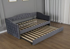 Twin Size Upholstered Daybed with Trundle and USB Charging Design, Sturdy Wood Slat Support, Wood Bed Frame for Bedroom/Guestroom/Dorm,Plush Velvet Fabric,Gray