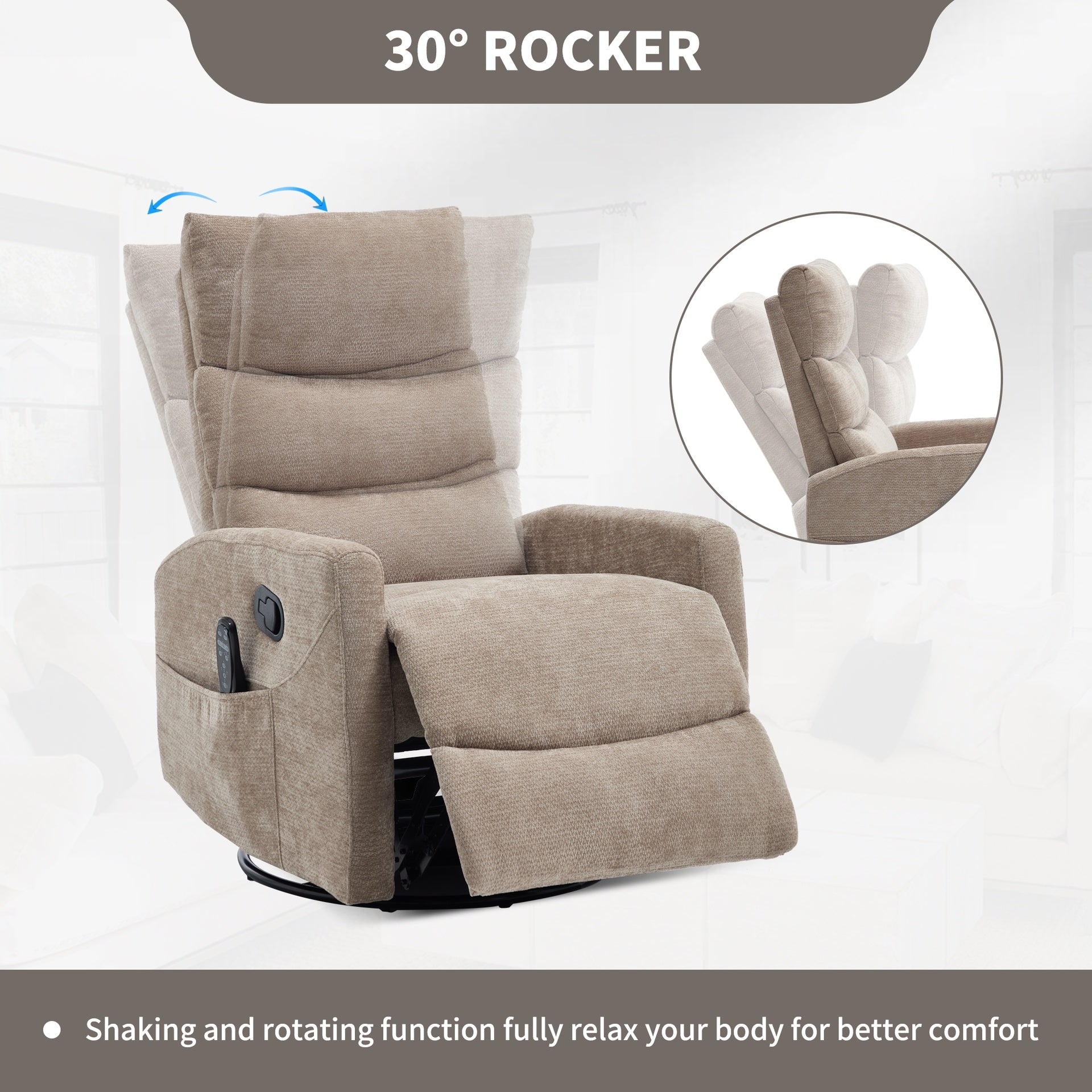 Heat Massage Manual Recliner Chair with Rocker and Swivel in Fabric for Living Room, Khaki