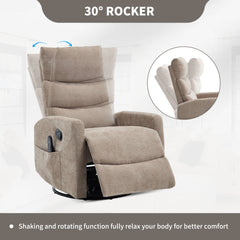 Heat Massage Manual Recliner Chair with Rocker and Swivel in Fabric for Living Room, Khaki