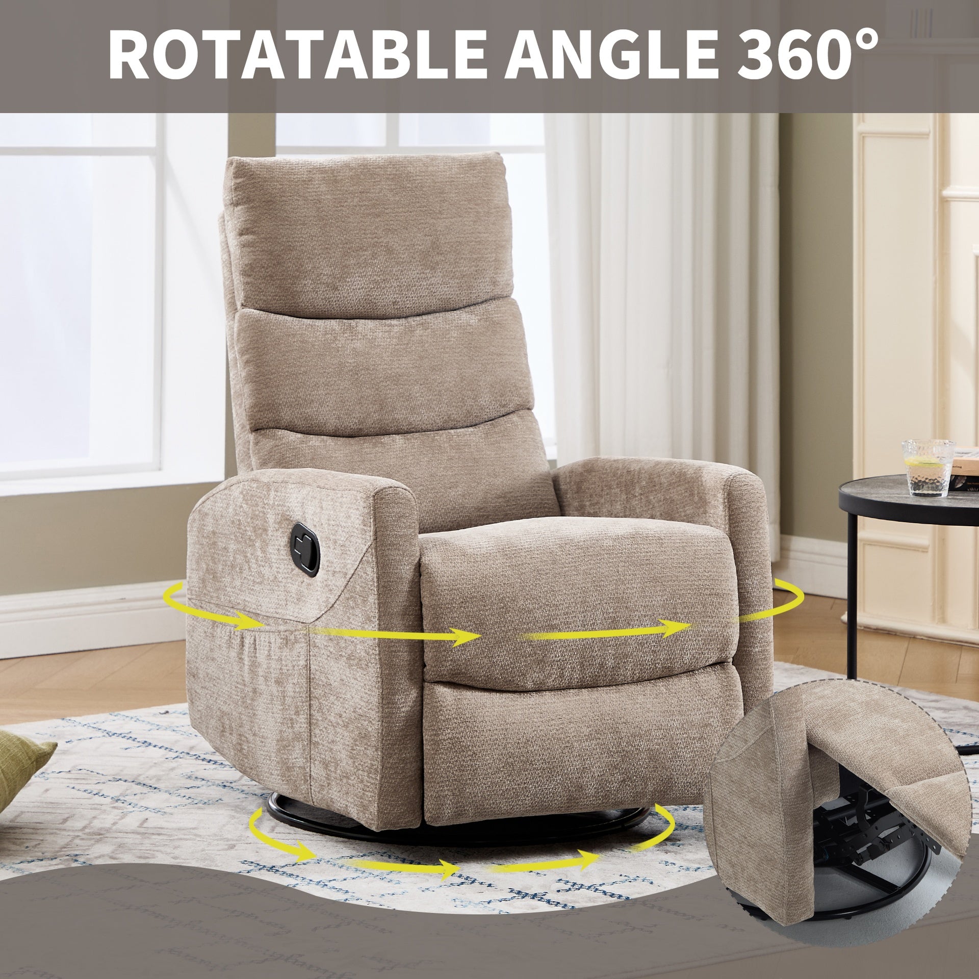 Heat Massage Manual Recliner Chair with Rocker and Swivel in Fabric for Living Room, Khaki