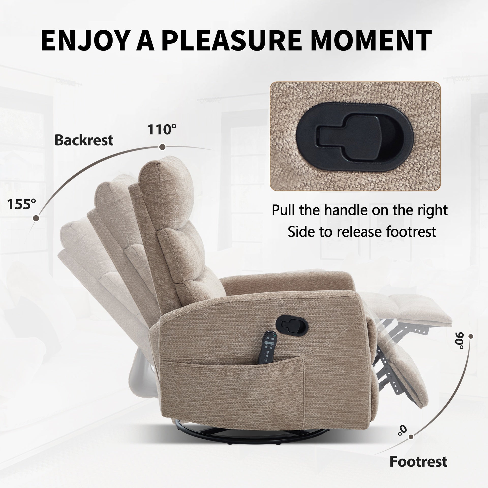 Heat Massage Manual Recliner Chair with Rocker and Swivel in Fabric for Living Room, Khaki