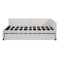 Full Size Upholstered Daybed with Trundle Sofa Bed Frame No Box Spring Needed, Linen Fabric(Beige)