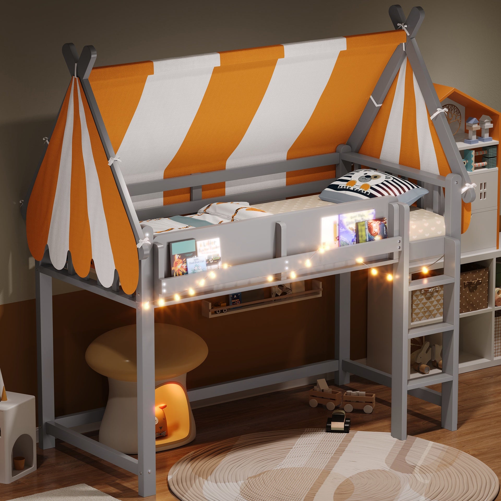 Twin Size Loft Bed with Canopy, LED Lights & Book Shelf, Gray