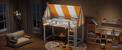 Twin Size Loft Bed with Canopy, LED Lights & Book Shelf, Gray