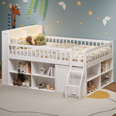 Queen Size Loft Bed with Storage, Headboard with LED Light, white