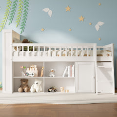 Queen Size Loft Bed with Storage, Headboard with LED Light, white