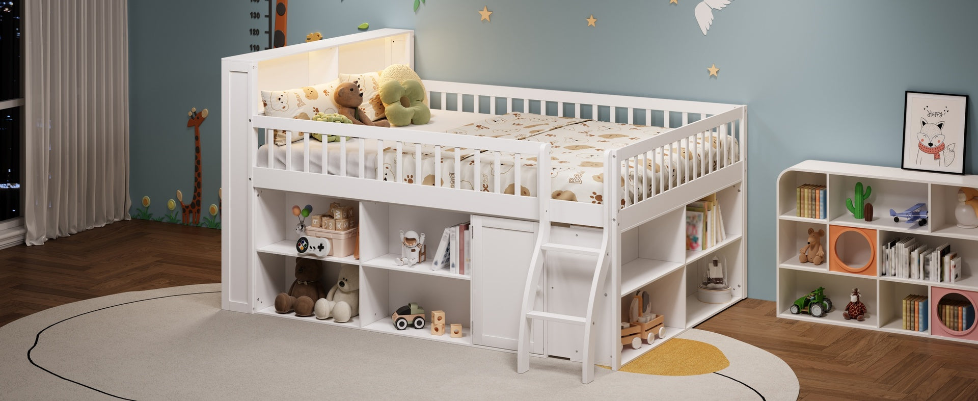 Queen Size Loft Bed with Storage, Headboard with LED Light, white
