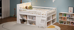 Queen Size Loft Bed with Storage, Headboard with LED Light, white