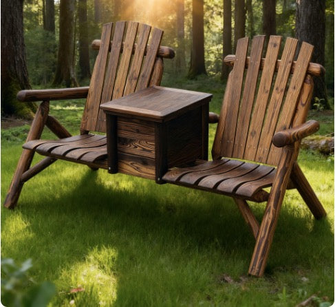 Double Adirondack Chair Loveseat,Double Wooden Adirondack Chair with Ice Bucket,Outdoor Loveseat with High Backrest