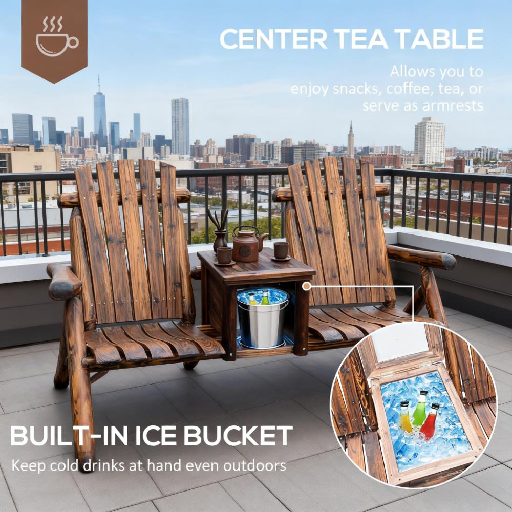 Double Adirondack Chair Loveseat,Double Wooden Adirondack Chair with Ice Bucket,Outdoor Loveseat with High Backrest