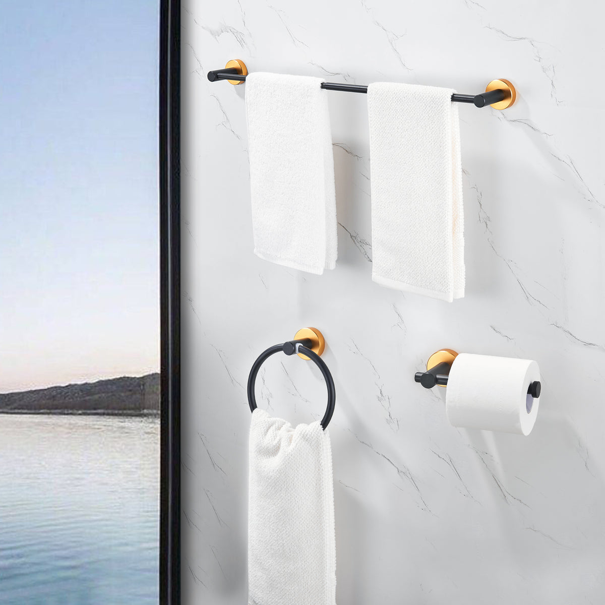 Bathroom Hardware Set, Thicken Space Aluminum 3 PCS Towel bar Set- Black Gold 16-27 Inches Adjustable Bathroom Accessories Set