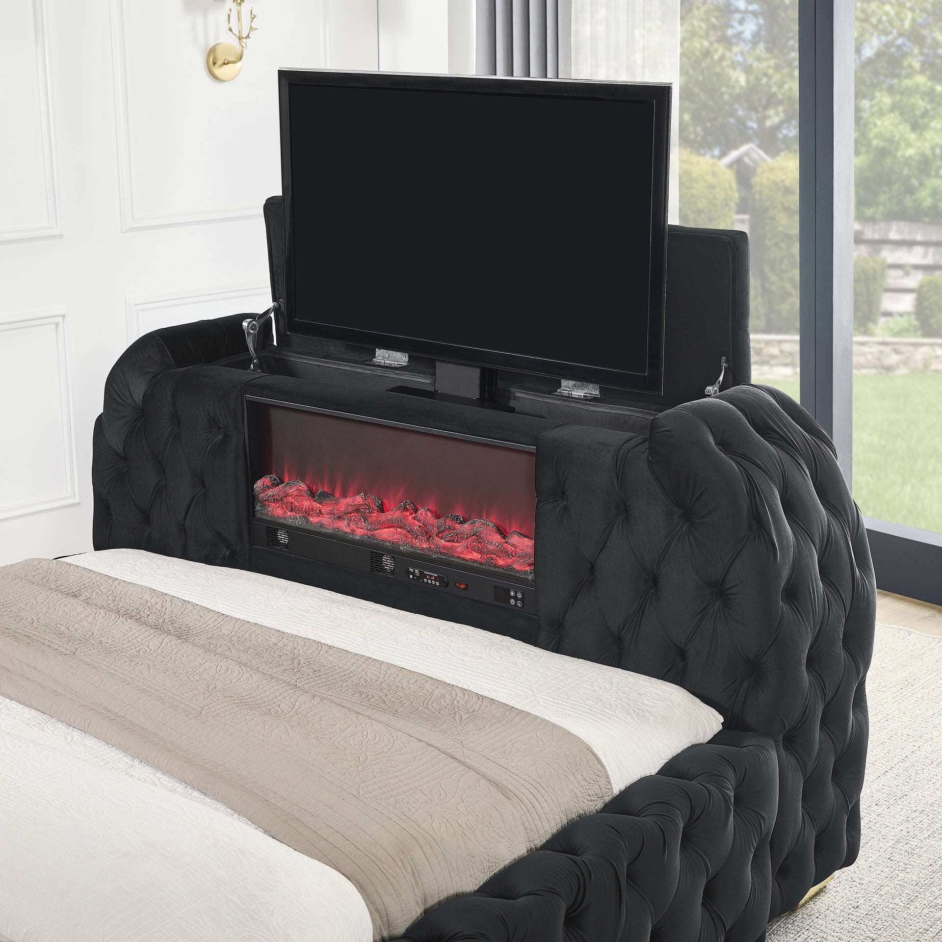 1pc Luxurious Comfort Innovative Design Queen Bed Deeply Tufted Headboard Upholstered Black Velvet Television Lift Built-in Electric Fireplace Bedroom Furniture