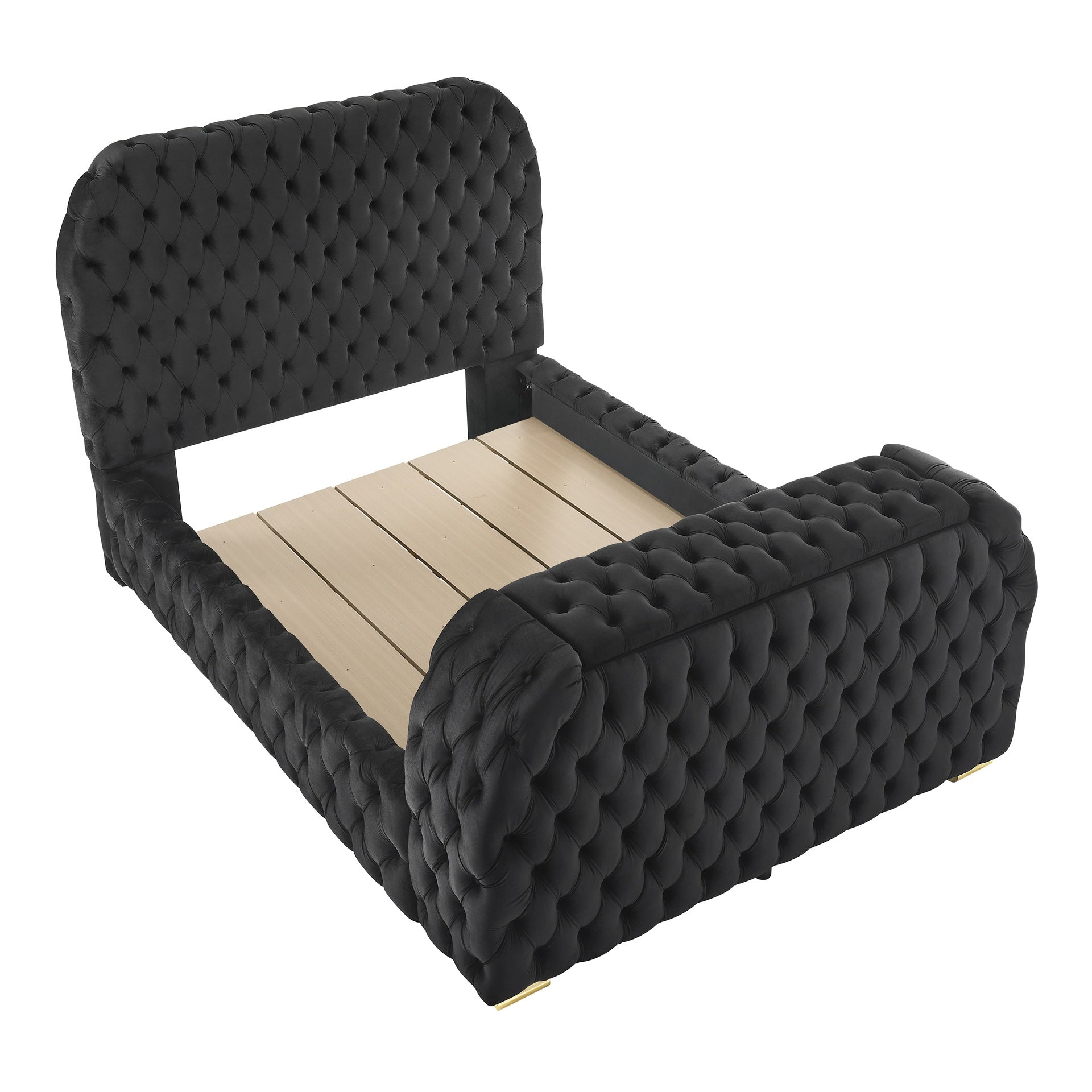 1pc Luxurious Comfort Innovative Design Queen Bed Deeply Tufted Headboard Upholstered Black Velvet Television Lift Built-in Electric Fireplace Bedroom Furniture