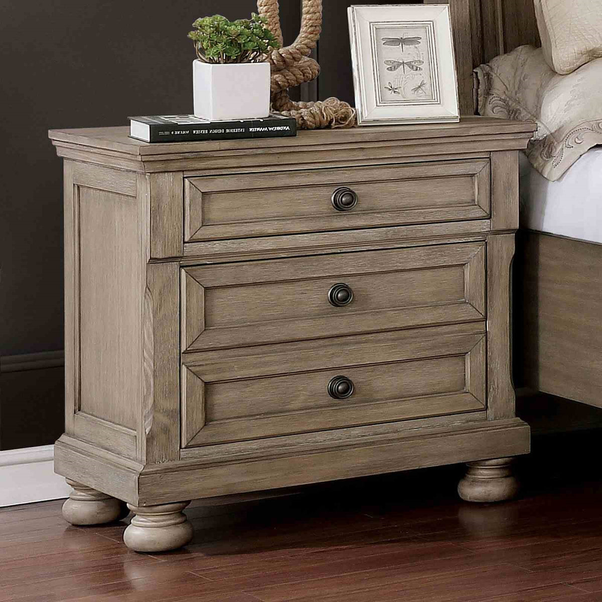 Transitional Style 1pc Nightstand Gray Finish  Hidden Drawers USB Port Bun Feet Gray Finish Bedroom Furniture