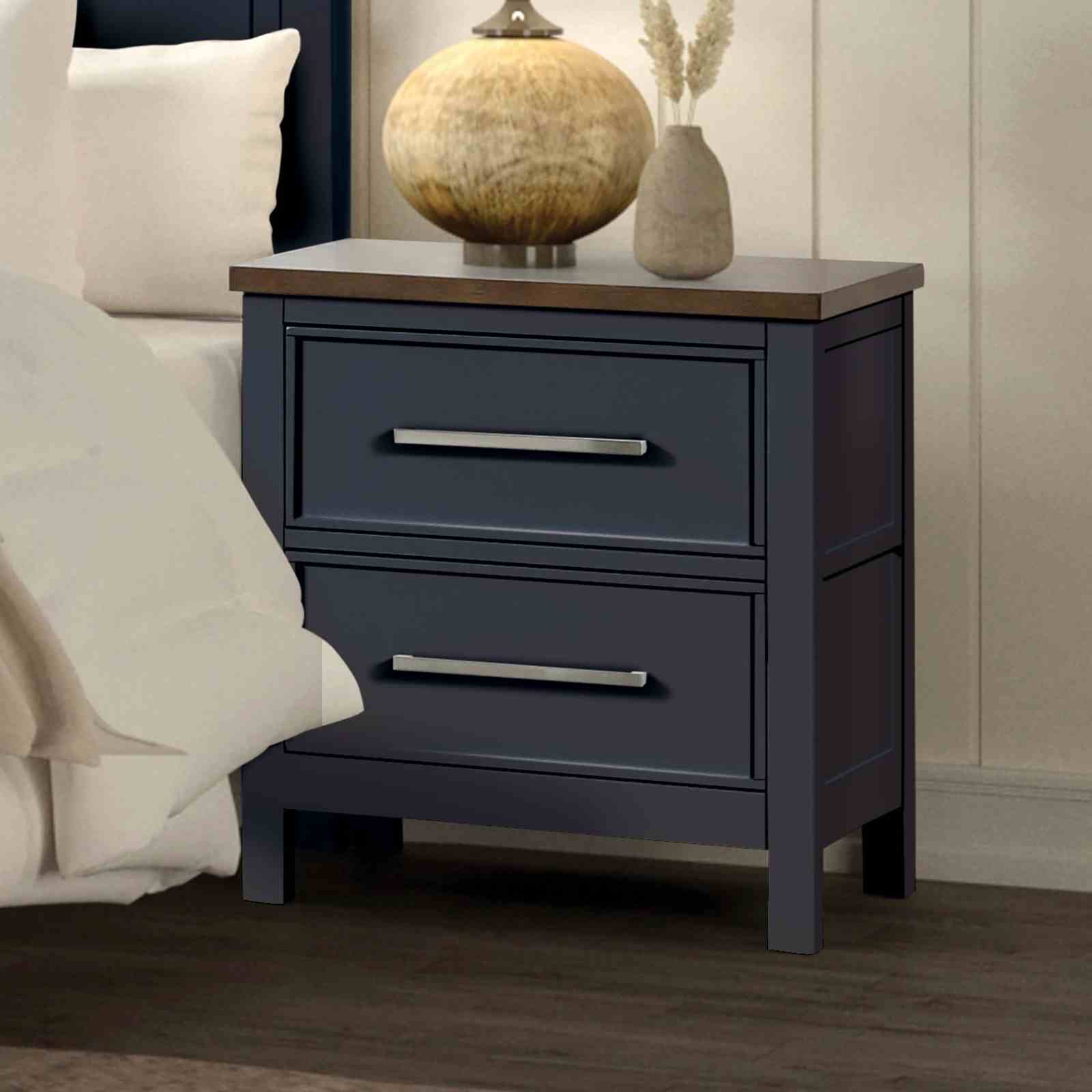 Modern Farmhouse Style 1pc Nightstand Two Tone Design English Dovetail Drawers Nickel Handles Recessed Panel Blue And Dark Brown Finish Bedroom Furniture