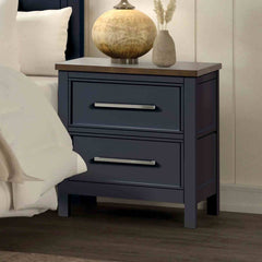 Modern Farmhouse Style 1pc Nightstand Two Tone Design English Dovetail Drawers Nickel Handles Recessed Panel Blue And Dark Brown Finish Bedroom Furniture