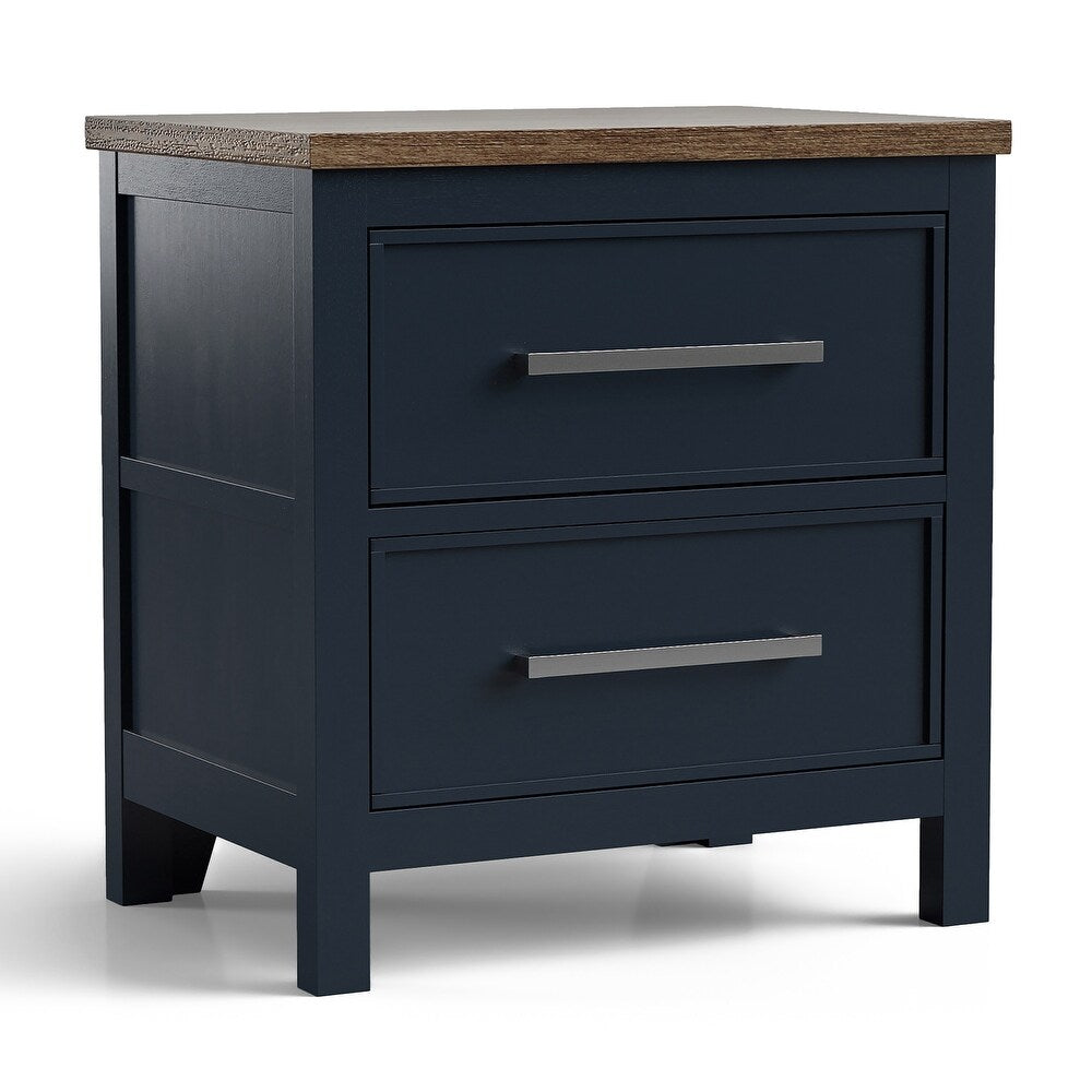 Modern Farmhouse Style 1pc Nightstand Two Tone Design English Dovetail Drawers Nickel Handles Recessed Panel Blue And Dark Brown Finish Bedroom Furniture