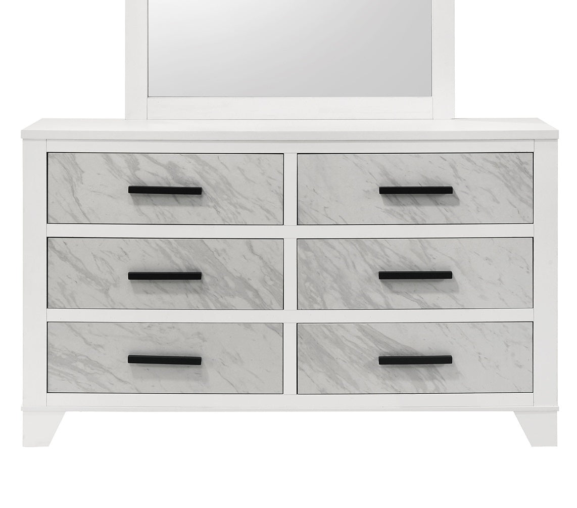 White Color 1pc Dresser Only Faux Marble Inset Black Bar Pulls Metal Center Glide Bedroom Engineered Wood English Dovetail
