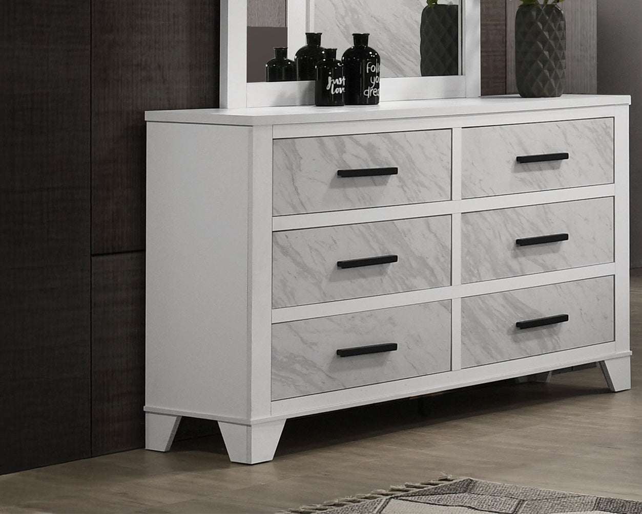 White Color 1pc Dresser Only Faux Marble Inset Black Bar Pulls Metal Center Glide Bedroom Engineered Wood English Dovetail