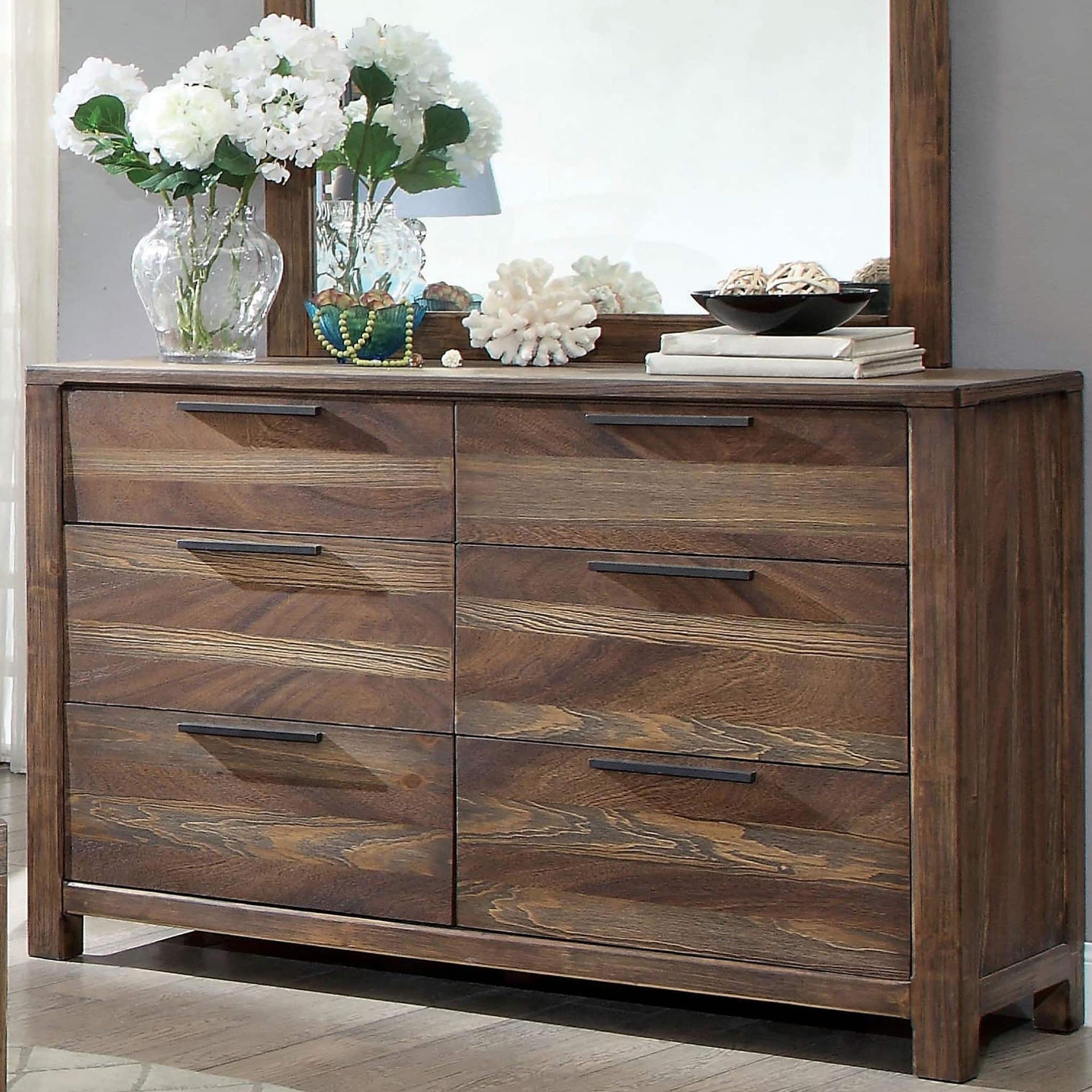 Contemporary 1pc Dresser Only Felt-Lined Top Drawers Black Bar Pull Rustic Natural Tone Bedroom Furniture