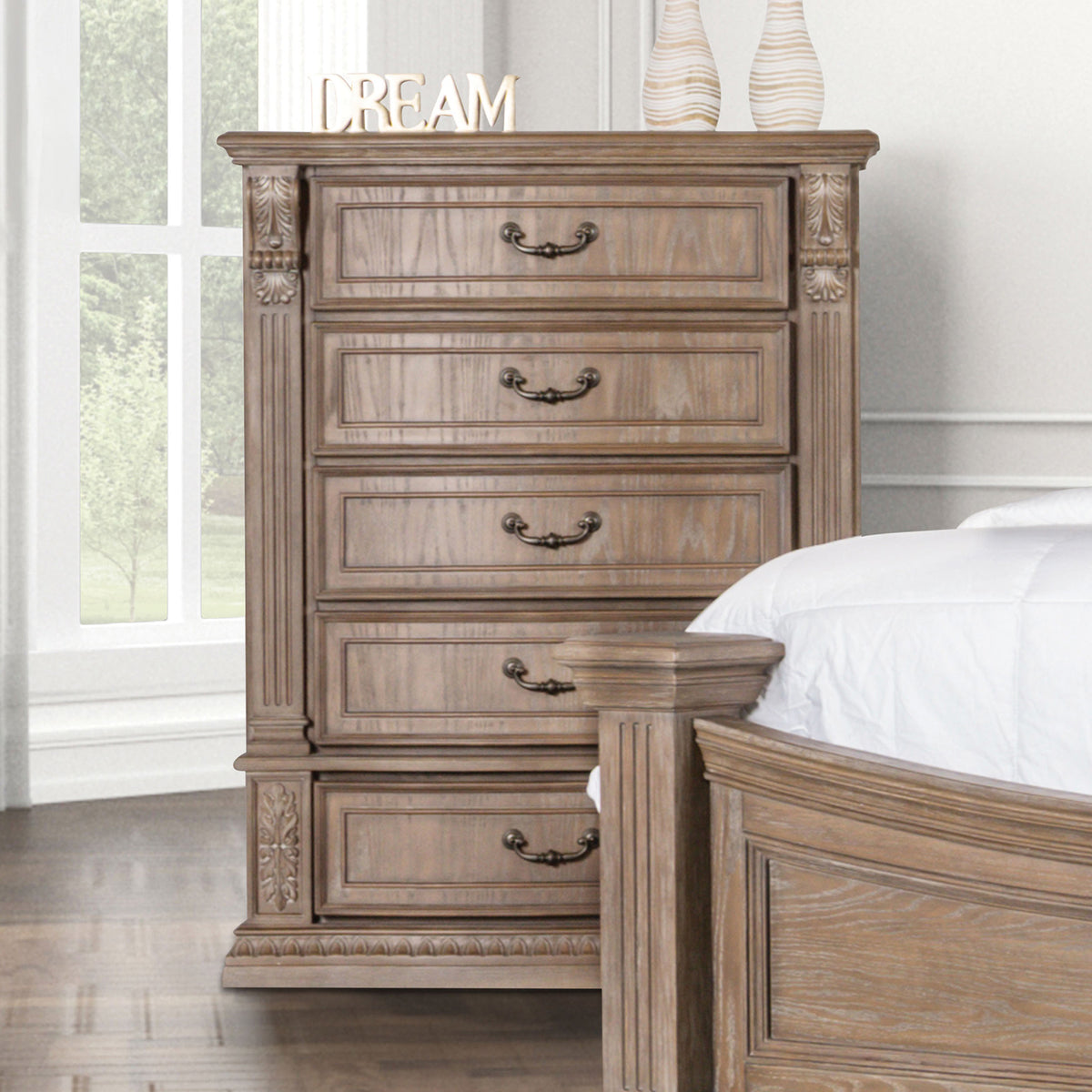 Transitional Style 1pc Chest Weather Oak Finish Dentil Molding Curved Detail Bedroom Furniture