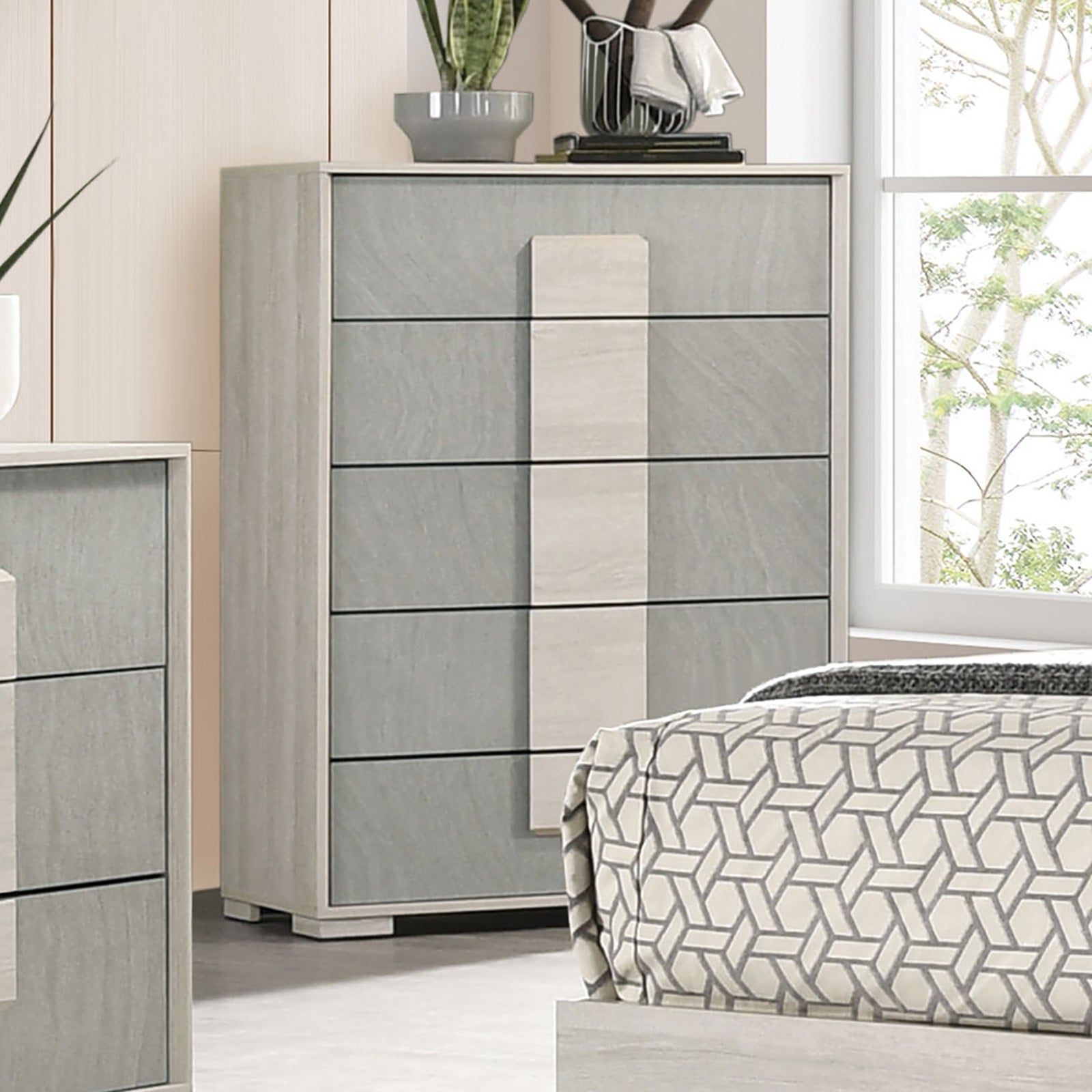 Contemporary Style French Dovetail Drawer Chest 1pc Two Tone Design Center Metal Glides Wooden Panels White Wash And Stone Gray Finish Bedroom Furniture