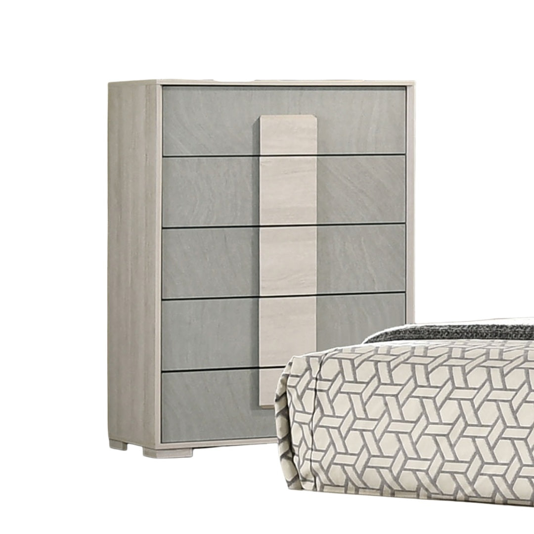 Contemporary Style French Dovetail Drawer Chest 1pc Two Tone Design Center Metal Glides Wooden Panels White Wash And Stone Gray Finish Bedroom Furniture