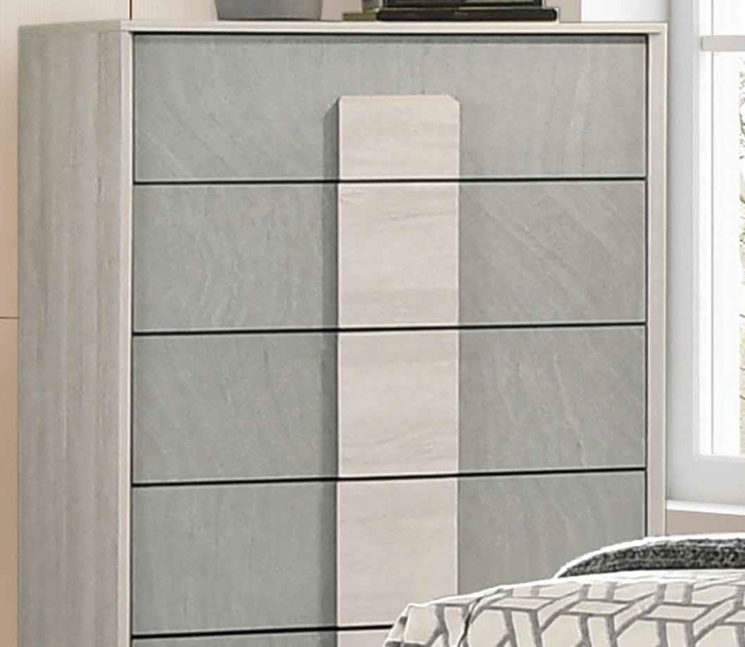Contemporary Style French Dovetail Drawer Chest 1pc Two Tone Design Center Metal Glides Wooden Panels White Wash And Stone Gray Finish Bedroom Furniture