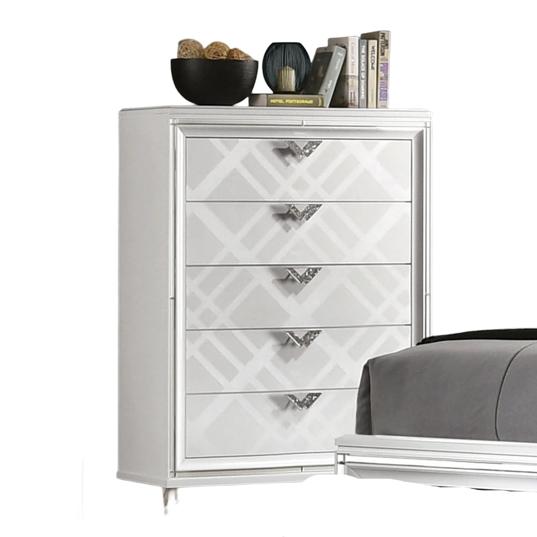 White Finish Contemporary Style 1pc Chest Acrylic Legs Embossed Art Deco Diamond Faux Drawers Handles