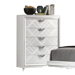 White Finish Contemporary Style 1pc Chest Acrylic Legs Embossed Art Deco Diamond Faux Drawers Handles
