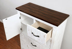 Modern Transitional Style 1pc Chest Metal Drawer Handles Four Drawers And One Cabinet Plank Design Distressed White And Walnut Finish