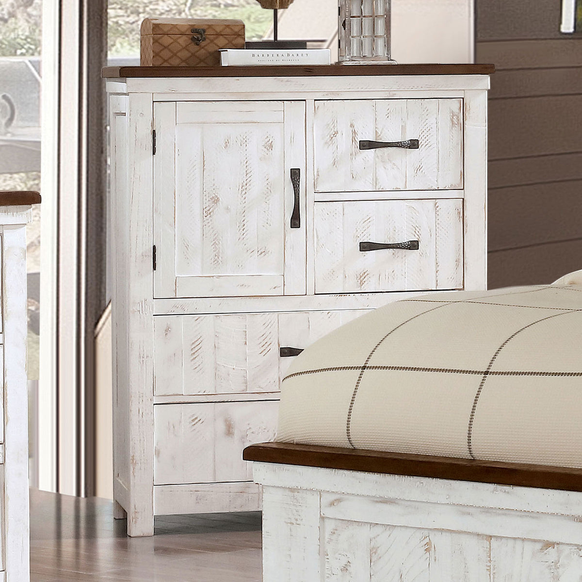 Modern Transitional Style 1pc Chest Metal Drawer Handles Four Drawers And One Cabinet Plank Design Distressed White And Walnut Finish