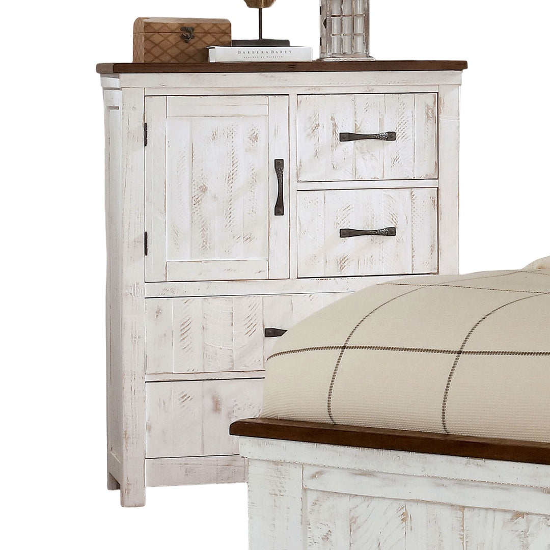 Modern Transitional Style 1pc Chest Metal Drawer Handles Four Drawers And One Cabinet Plank Design Distressed White And Walnut Finish