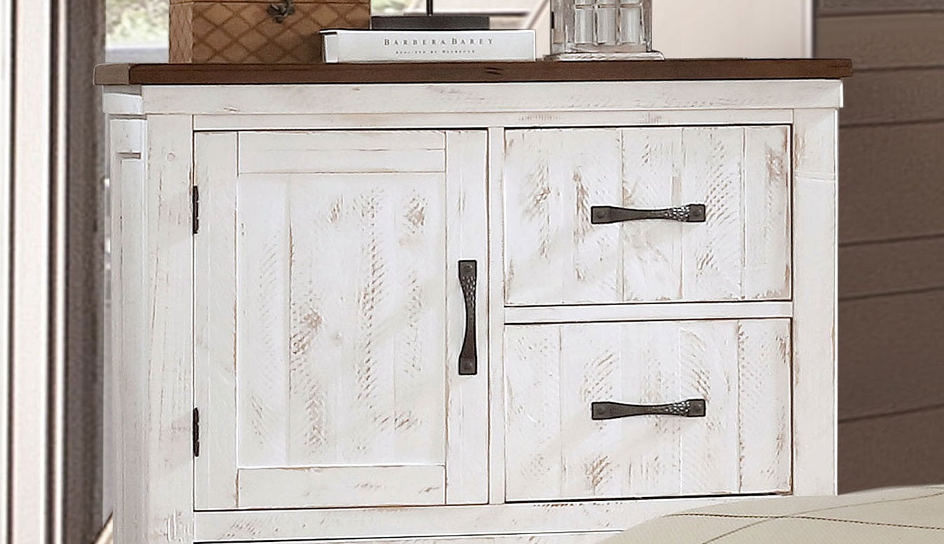 Modern Transitional Style 1pc Chest Metal Drawer Handles Four Drawers And One Cabinet Plank Design Distressed White And Walnut Finish