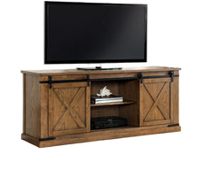 Rustic Style TV Console Base Sliding Doors Metal Accents Multiple Open Storage Shelves X-Design Front Doors Dark Oak Finish
