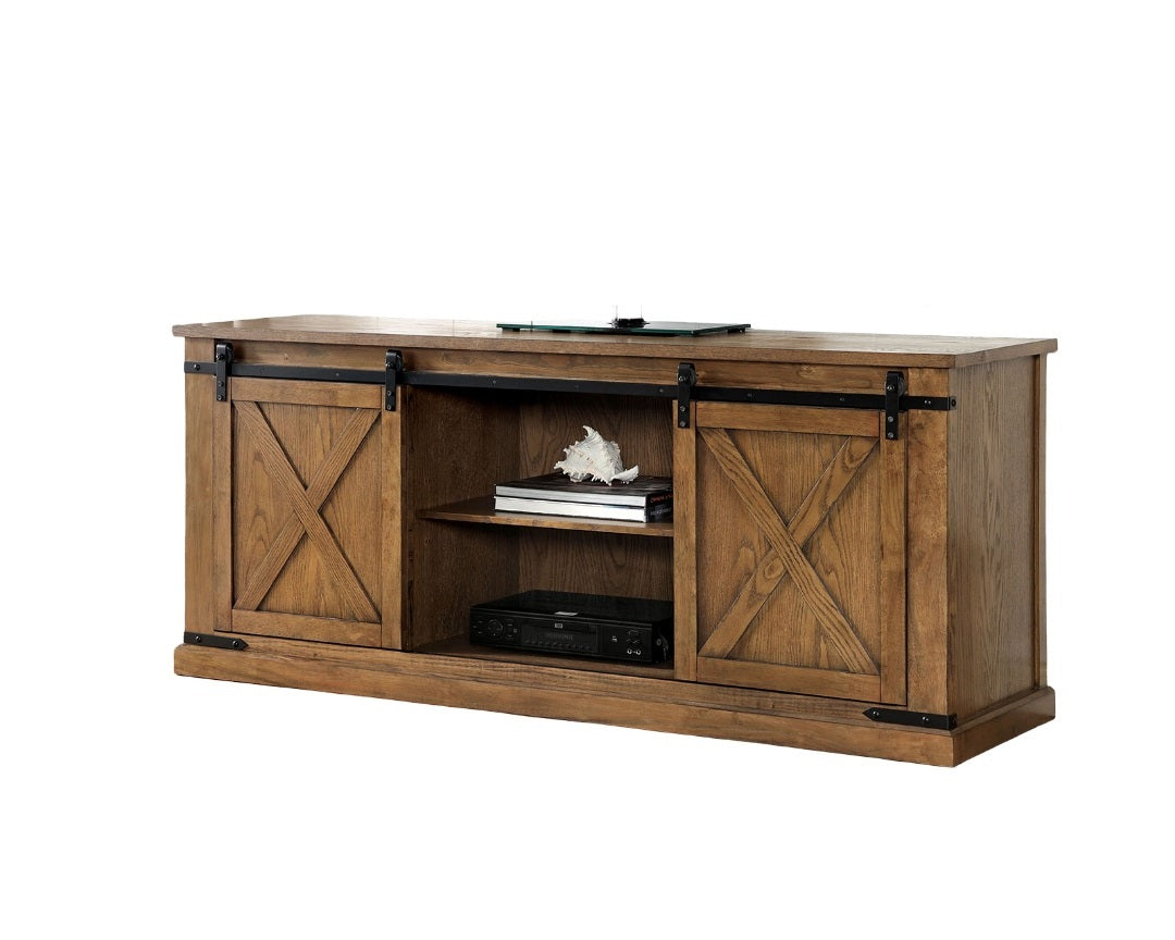 Rustic Style TV Console Base Sliding Doors Metal Accents Multiple Open Storage Shelves X-Design Front Doors Dark Oak Finish
