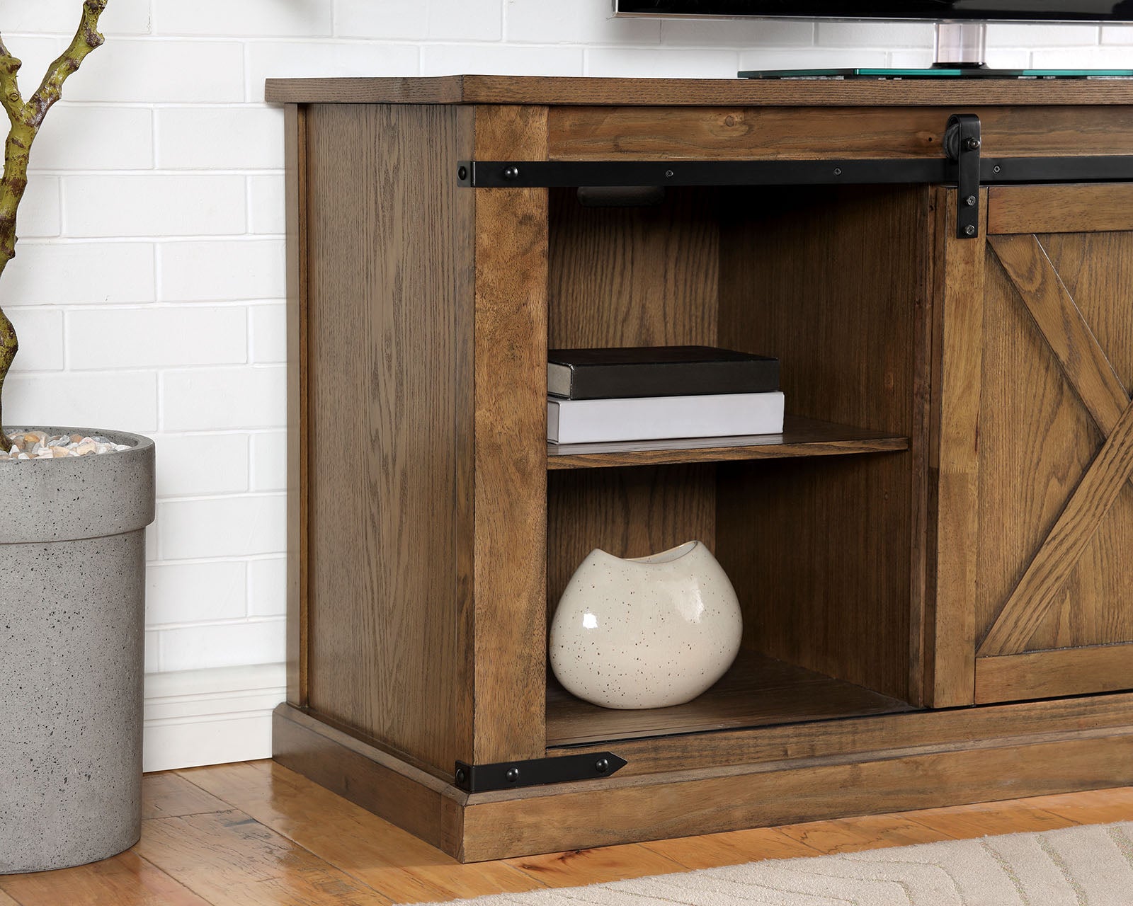 Rustic Style TV Console Base Sliding Doors Metal Accents Multiple Open Storage Shelves X-Design Front Doors Dark Oak Finish