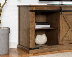 Rustic Style TV Console Base Sliding Doors Metal Accents Multiple Open Storage Shelves X-Design Front Doors Dark Oak Finish