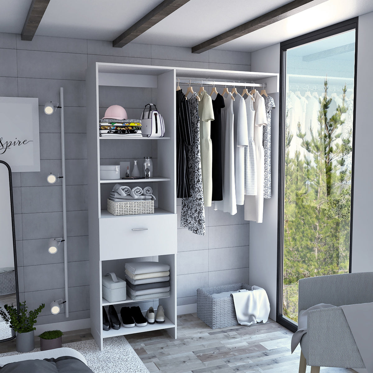 Hybrid Closet System, Five Open Shelves, One Drawer, Metal Rod