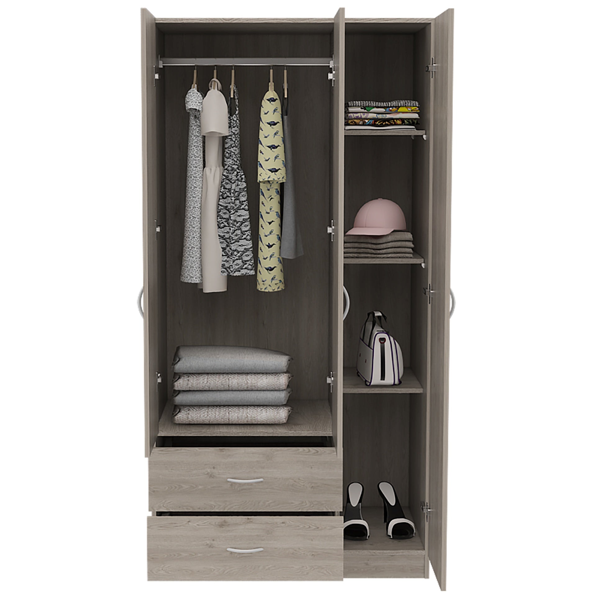 Eureka Three Door Armoire, Two Drawers, Rod