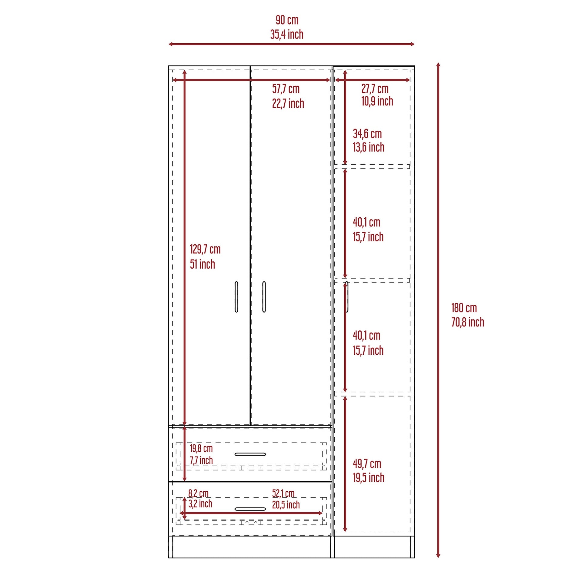 Eureka Three Door Armoire, Two Drawers, Rod