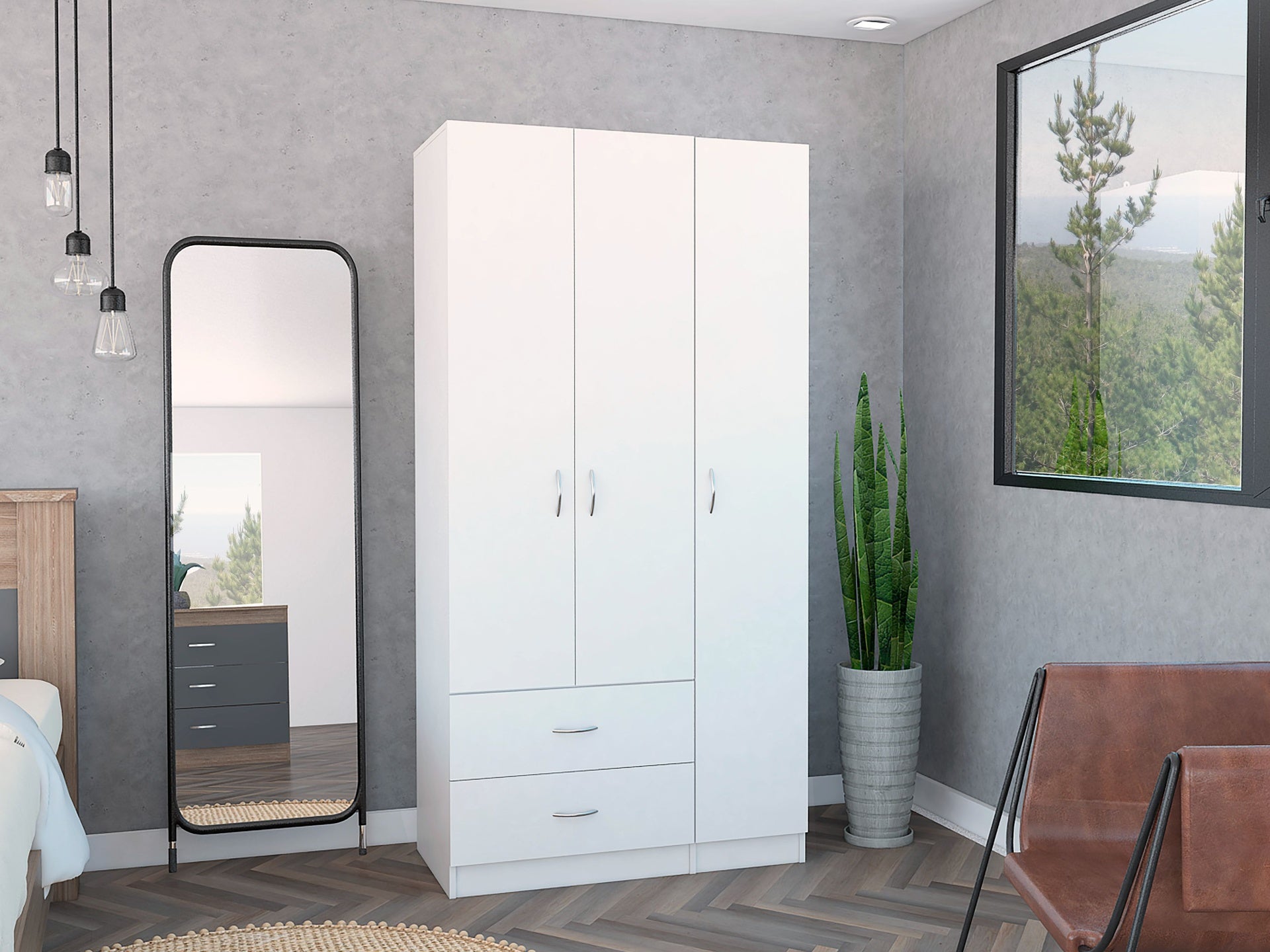Eureka Three Door Armoire, Two Drawers, Rod