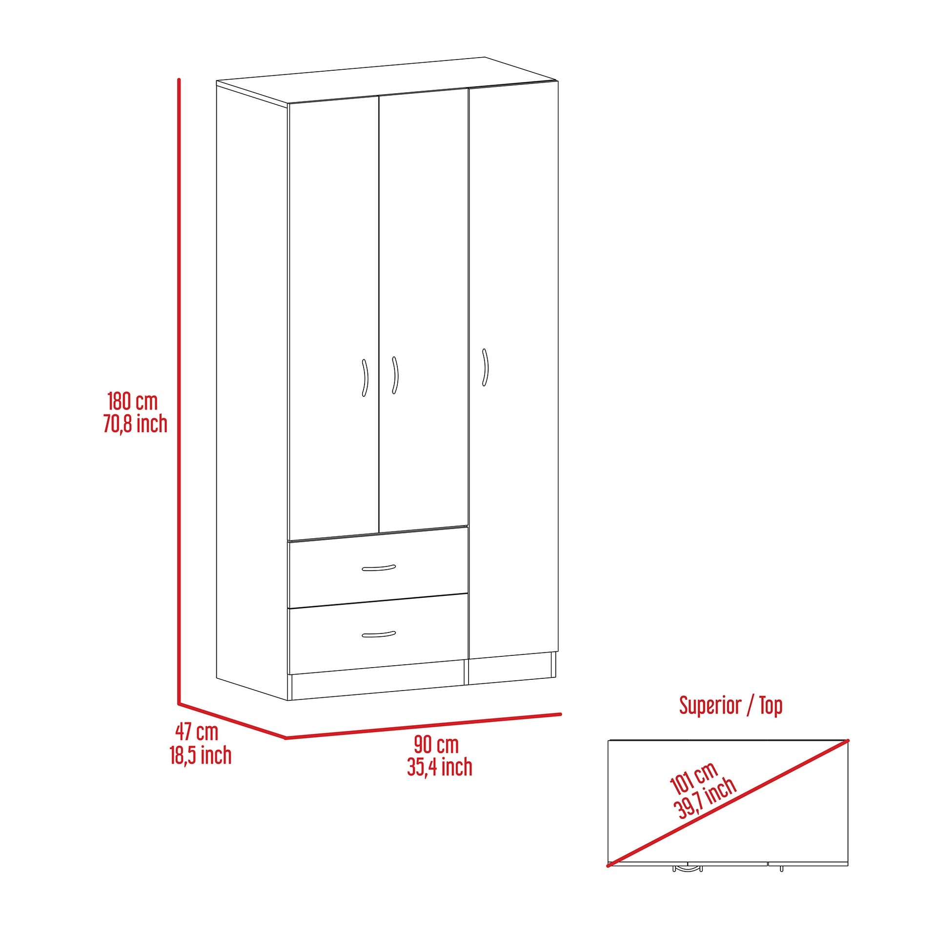 Eureka Three Door Armoire, Two Drawers, Rod