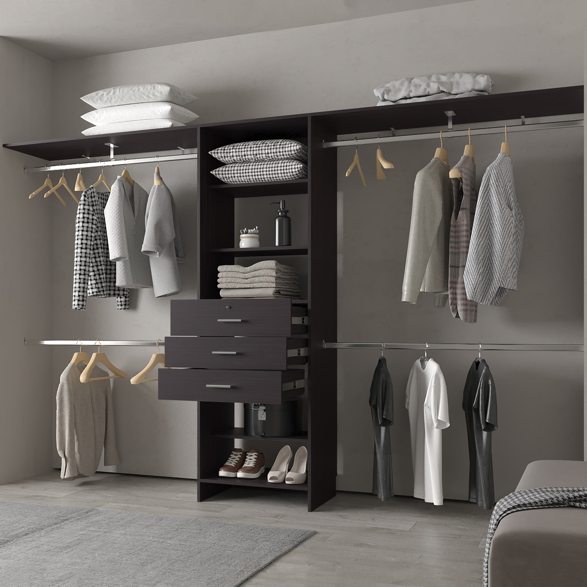 FM FURNITURE Geek Modular Closet Organizer System with Hanging Rods, Shelves, and Drawers , Wengue