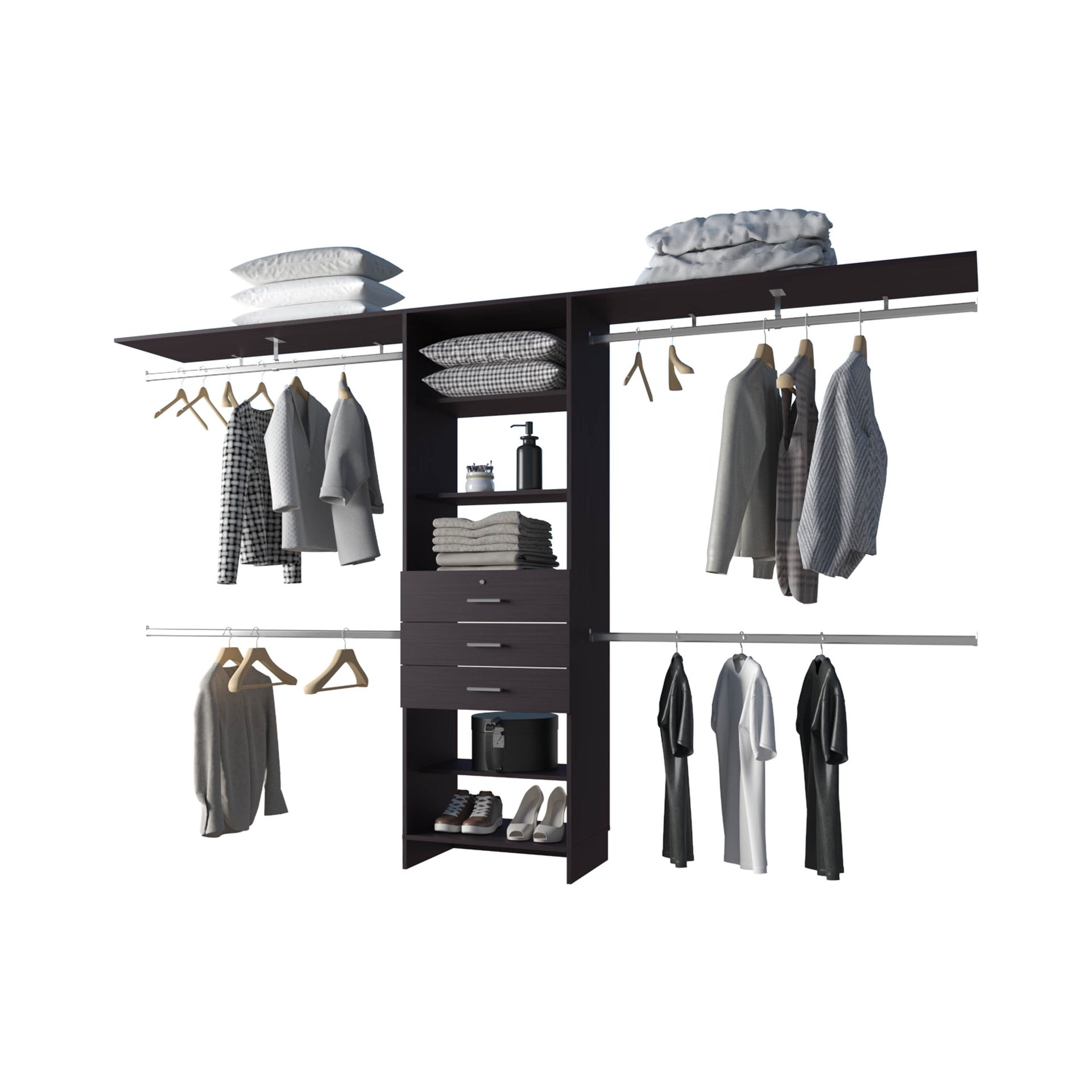 FM FURNITURE Geek Modular Closet Organizer System with Hanging Rods, Shelves, and Drawers , Wengue