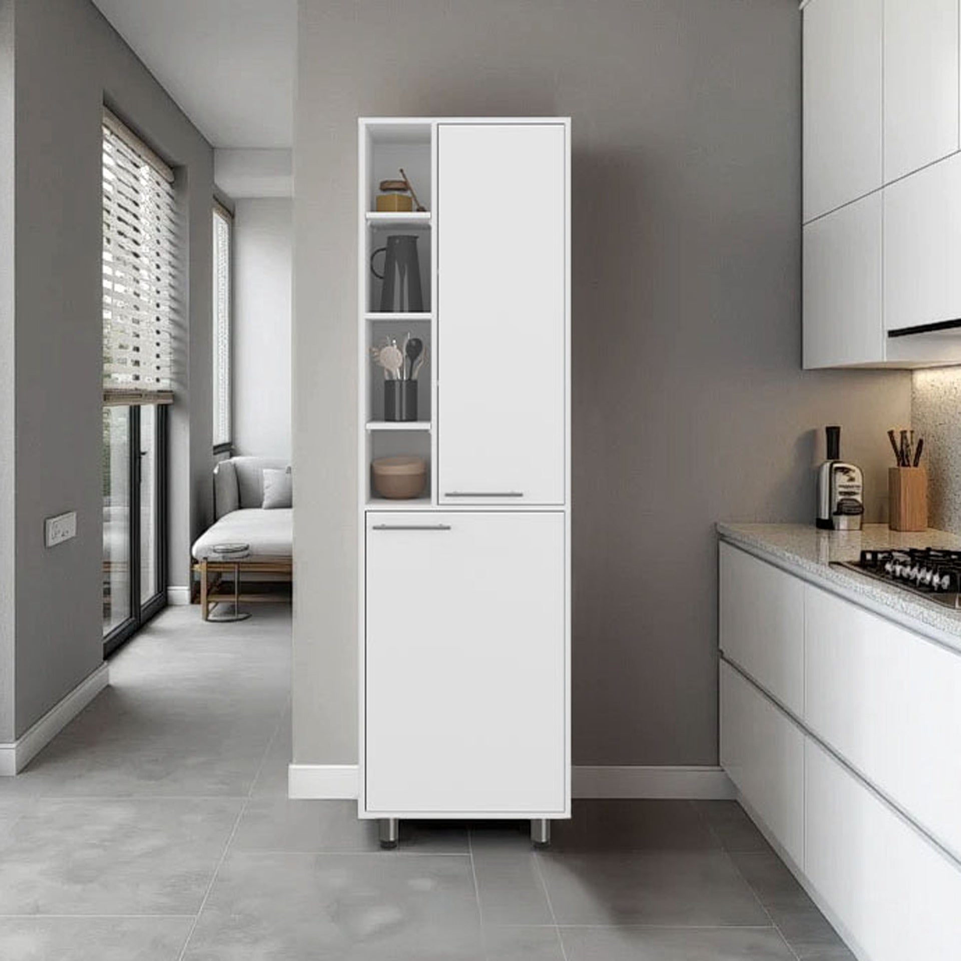 Florence Kitchen Pantry, Multiple Open and Closed Shelves, Modern Design, White