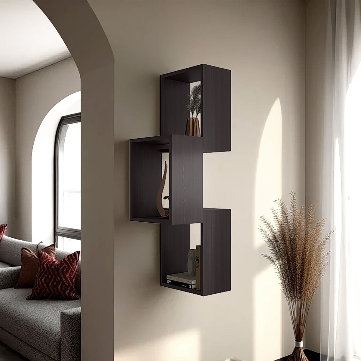 Stormi Wall-Mounted Geometric Shelf Unit, Wenge
